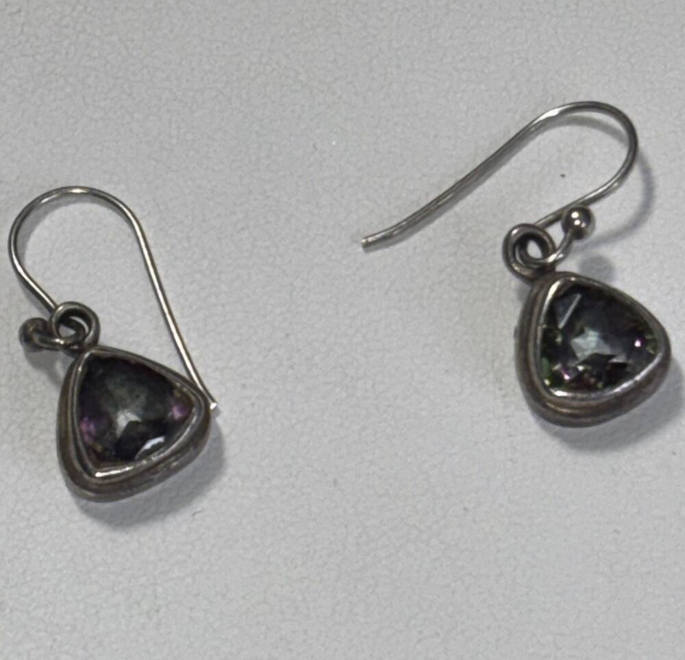 Vintage 925 Sterling Silver Mystic Topaz Triangle Dangle Earrings Rainbow 3.8 Gr